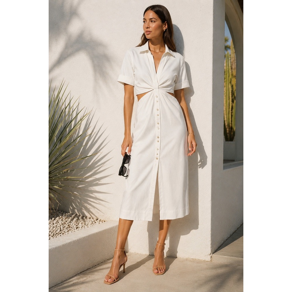 TravisMathew White Everyday Dress Cutout Twist Front Midi Short Sleeve / XL
